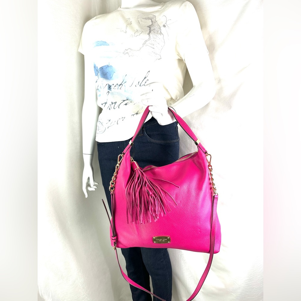 Michael Kors Fuchsia Pink Leather Large Shoulder Bag Purse Chain Strap Tassel - Picture 3 of 13